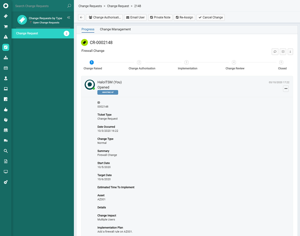 Dashboard showing organisational change tracking